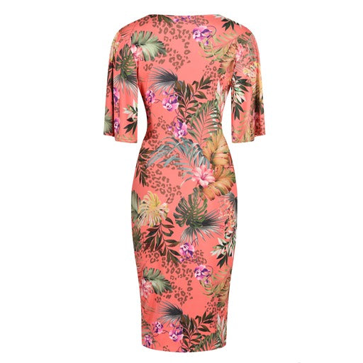 Coral Pink Tropical Floral Print Butterfly Sleeve Slinky Pencil Cocktail Dress