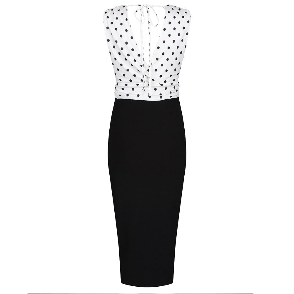 Ivory And Black Polka Dot Wrap Effect Bodycon Midi Dress - Pretty Kitty Fashion