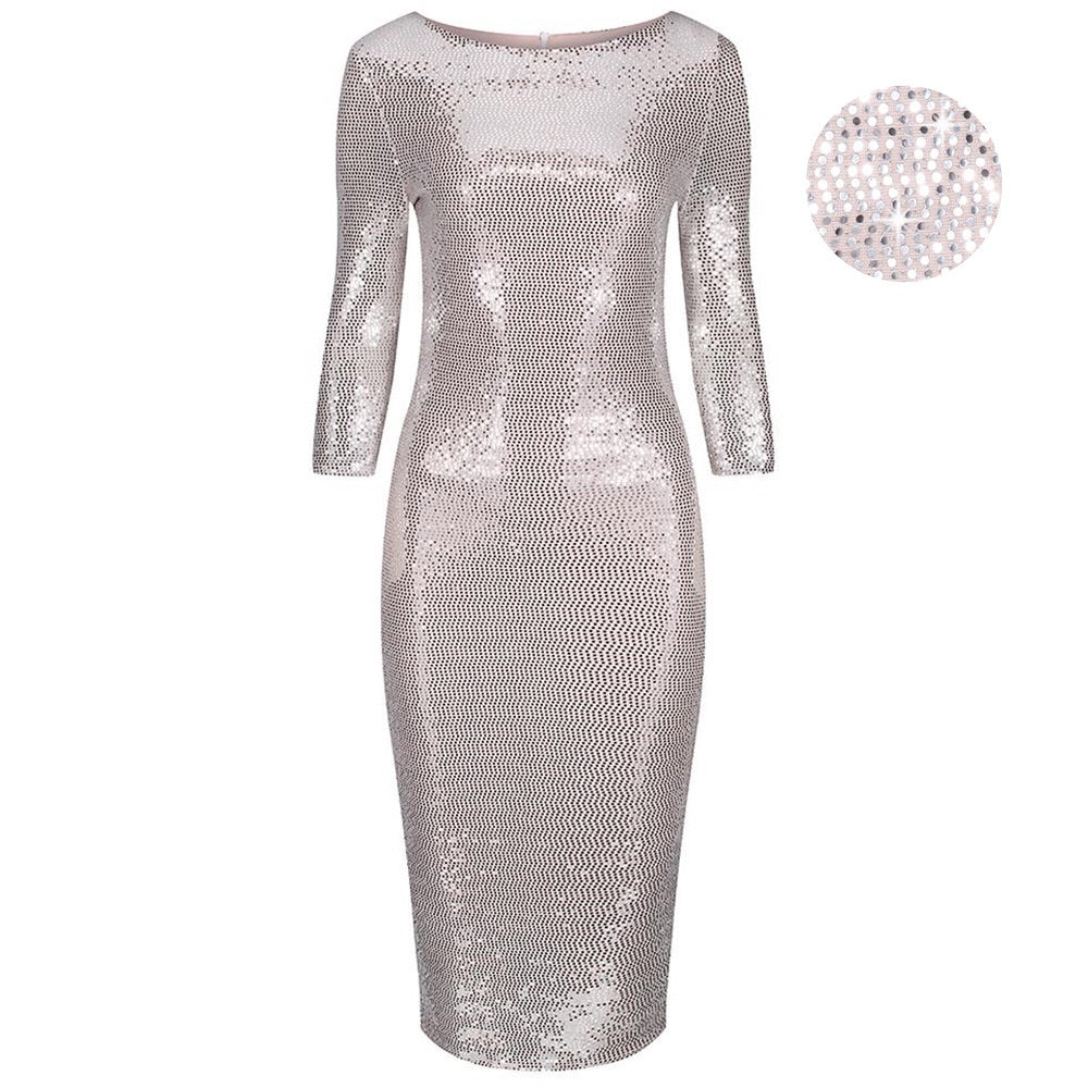 Nude Pink & Silver Sequin 3/4 Sleeve Bodycon Pencil Wiggle Party Dress - Pretty Kitty Fashion
