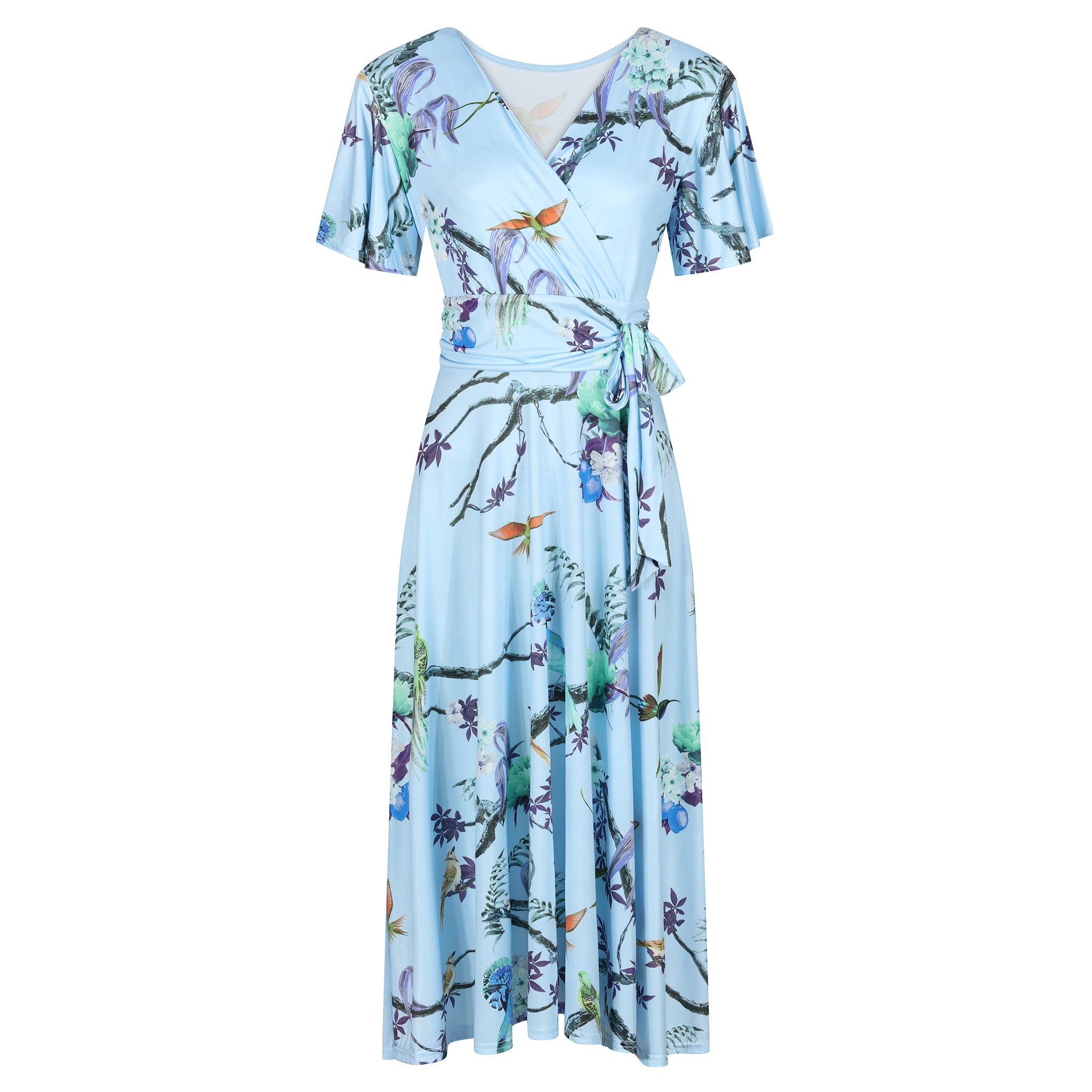 1950s Pale Blue Bird Print Wrap Dress With Waterfall Sleeves