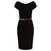 Black And Leopard Print Detail Belted Capped Sleeve Pencil Dress - Pretty Kitty Fashion