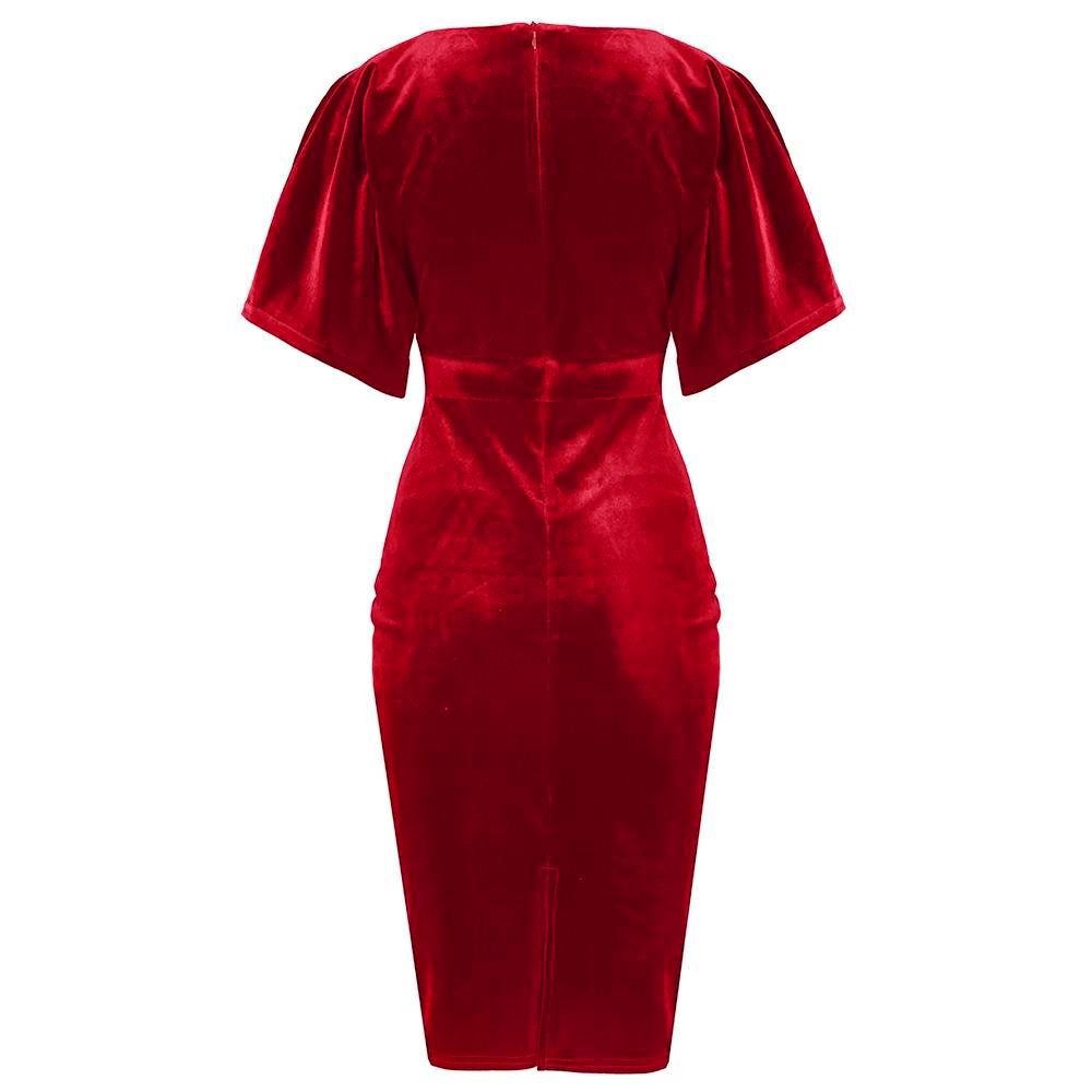 Red Velour Half Batwing Sleeve Crossover Top Wiggle Dress - Pretty Kitty Fashion