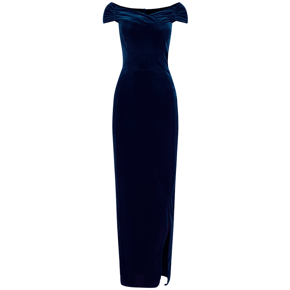 Navy Blue Velour Capped Sleeve Cocktail Party Maxi Dress - Pretty Kitty Fashion