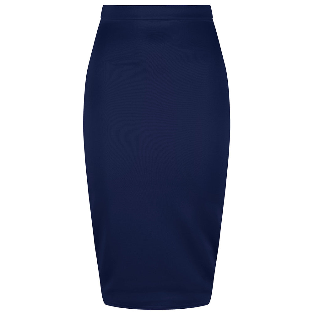 Classic Navy Stretch Pencil Bodycon Midi Office Work Skirt - Pretty Kitty Fashion