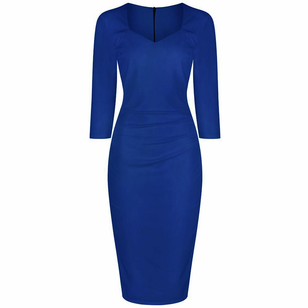 Royal Blue 3/4 Sleeve Sweetheart Neckline Bodycon Wiggle Pencil Dress - Pretty Kitty Fashion