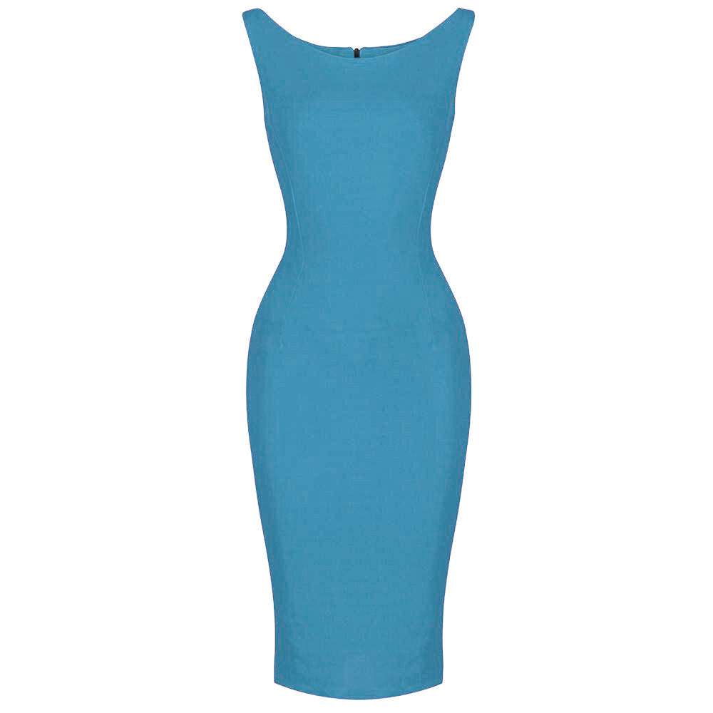 Mid Blue 40s Bodycon Sleeveless Hollywood Wiggle Dress - Pretty Kitty Fashion