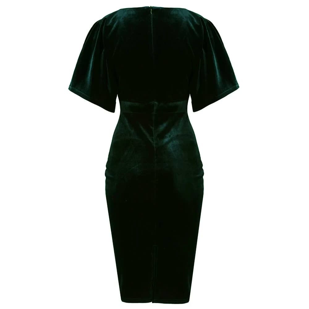 Emerald Green Velour Half Batwing Sleeve Crossover Top Wiggle Dress - Pretty Kitty Fashion