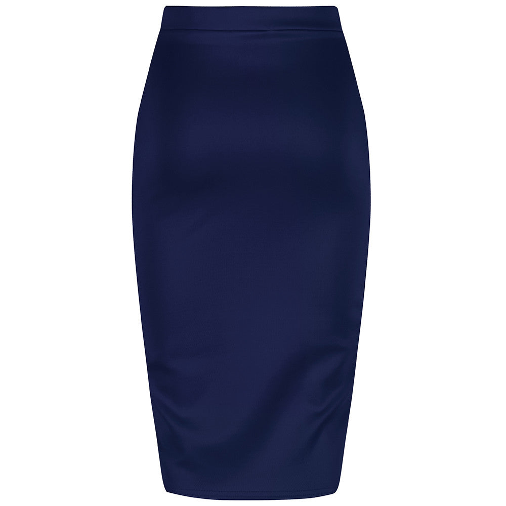 Classic Navy Stretch Pencil Bodycon Midi Office Work Skirt - Pretty Kitty Fashion