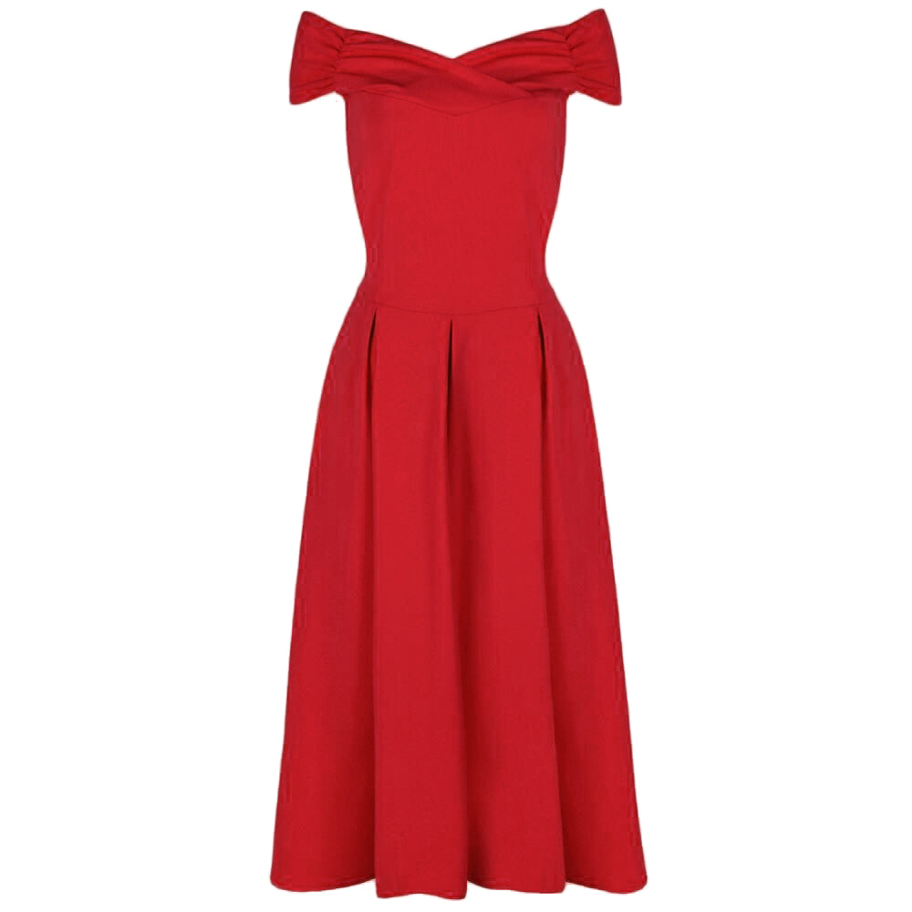 Red Crossover Vintage Bardot 50s Swing Dress - Pretty Kitty Fashion
