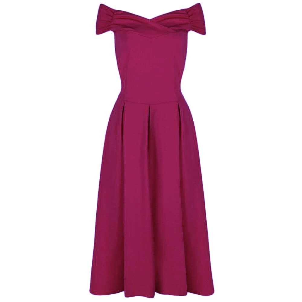 Magenta Amaranth Crossover Bardot 50s Swing Dress