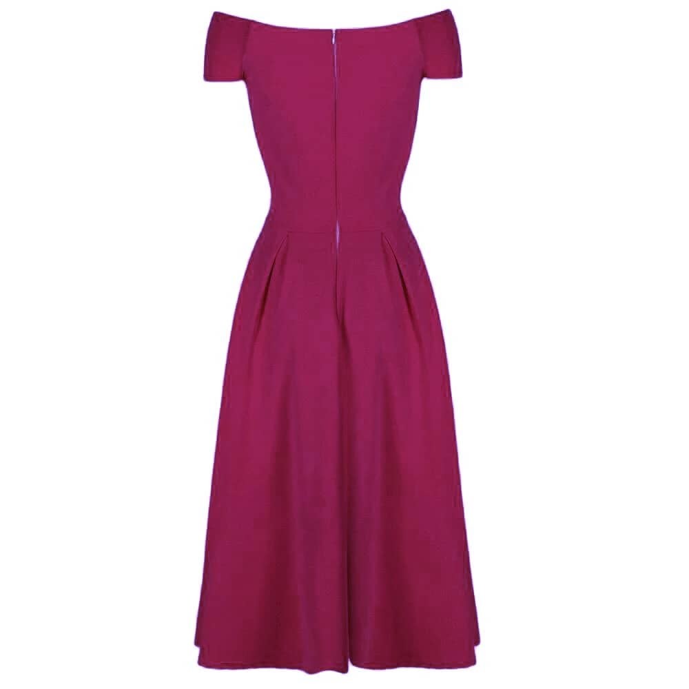 Magenta Amaranth Crossover Bardot 50s Swing Dress