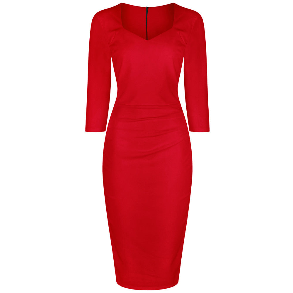 red pencil dress with sleeves Women's Church Bodycon Wrap Dresses for Work Sexy Vintage Long Sleeve Ruched Business Office Slit Midi Pencil Dress(06Rose Red,Small) at Amazon Women's Clothing store