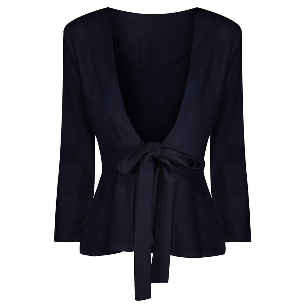 Navy Blue Long Sleeve Tie Front Jacket - Pretty Kitty Fashion