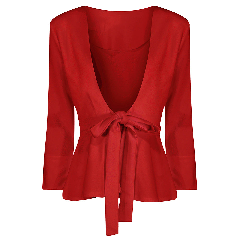 Red Long Sleeve Tie Front Jacket - Pretty Kitty Fashion