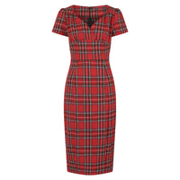 Red Highland Tartan Burns Check Short Sleeve Wiggle Pencil Dress - Pretty Kitty Fashion