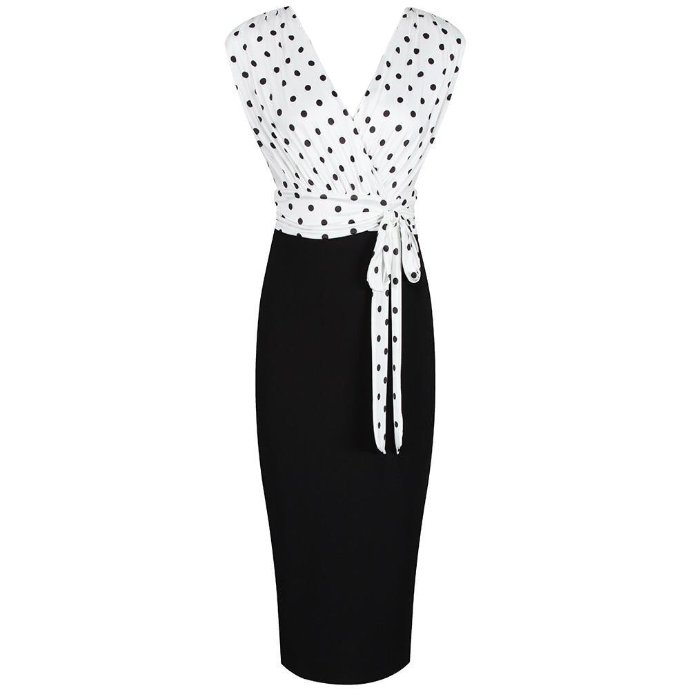 Ivory And Black Polka Dot Wrap Effect Bodycon Midi Dress - Pretty Kitty Fashion