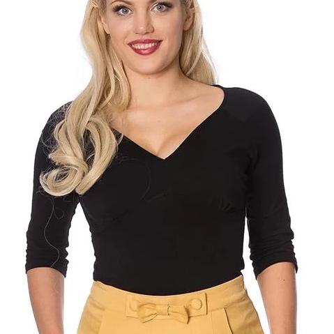 Black 3/4 Sleeve V Neck Jersey Top - Pretty Kitty Fashion