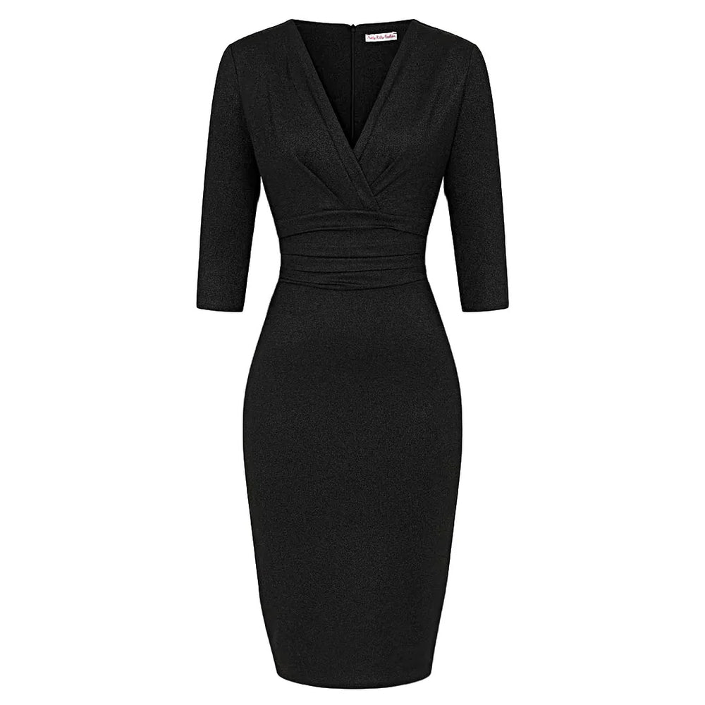 Black Sparkle Deep V 3/4 Sleeve Bodycon Ruched Waist Wiggle Party Dress