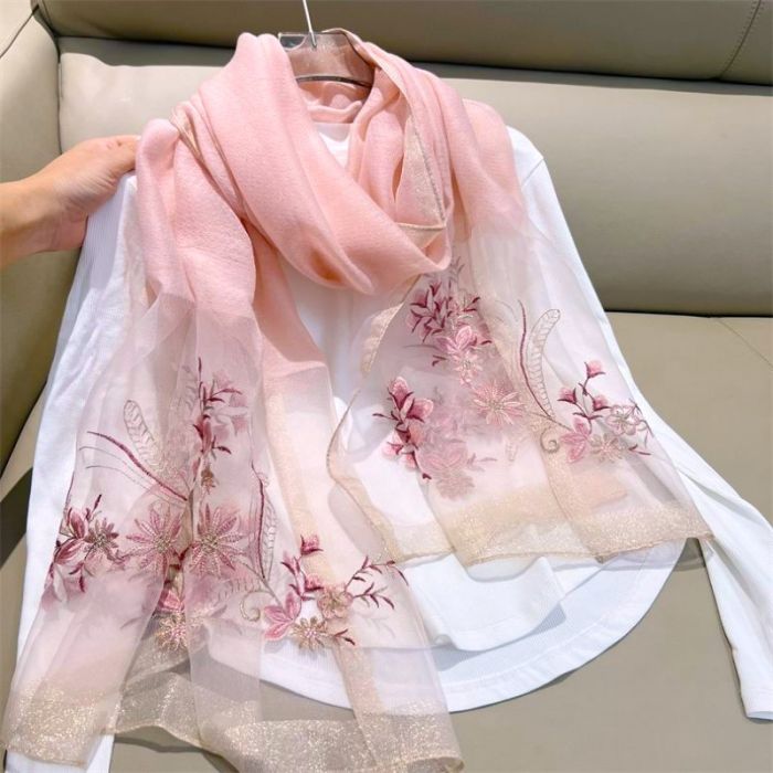 Luxury Pink Sheer Embroidered Scarf