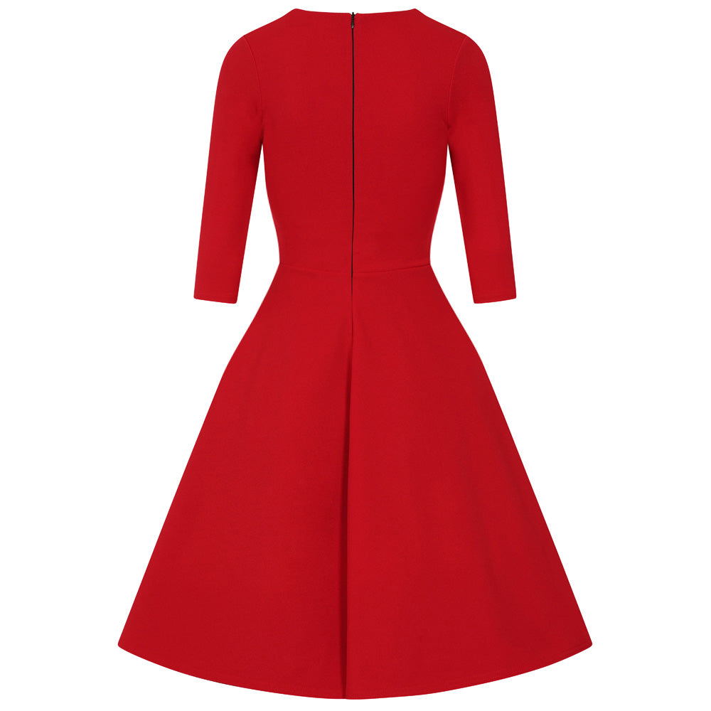 Red Cut Out Neckline 3/4 Sleeve 50s Swing Dress