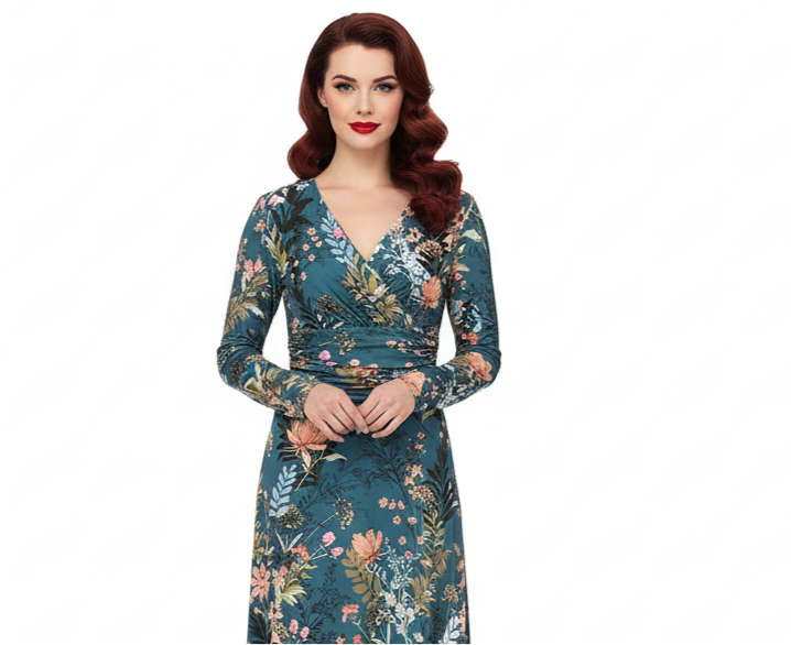 Teal Green Floral Long Sleeve Maxi Dress