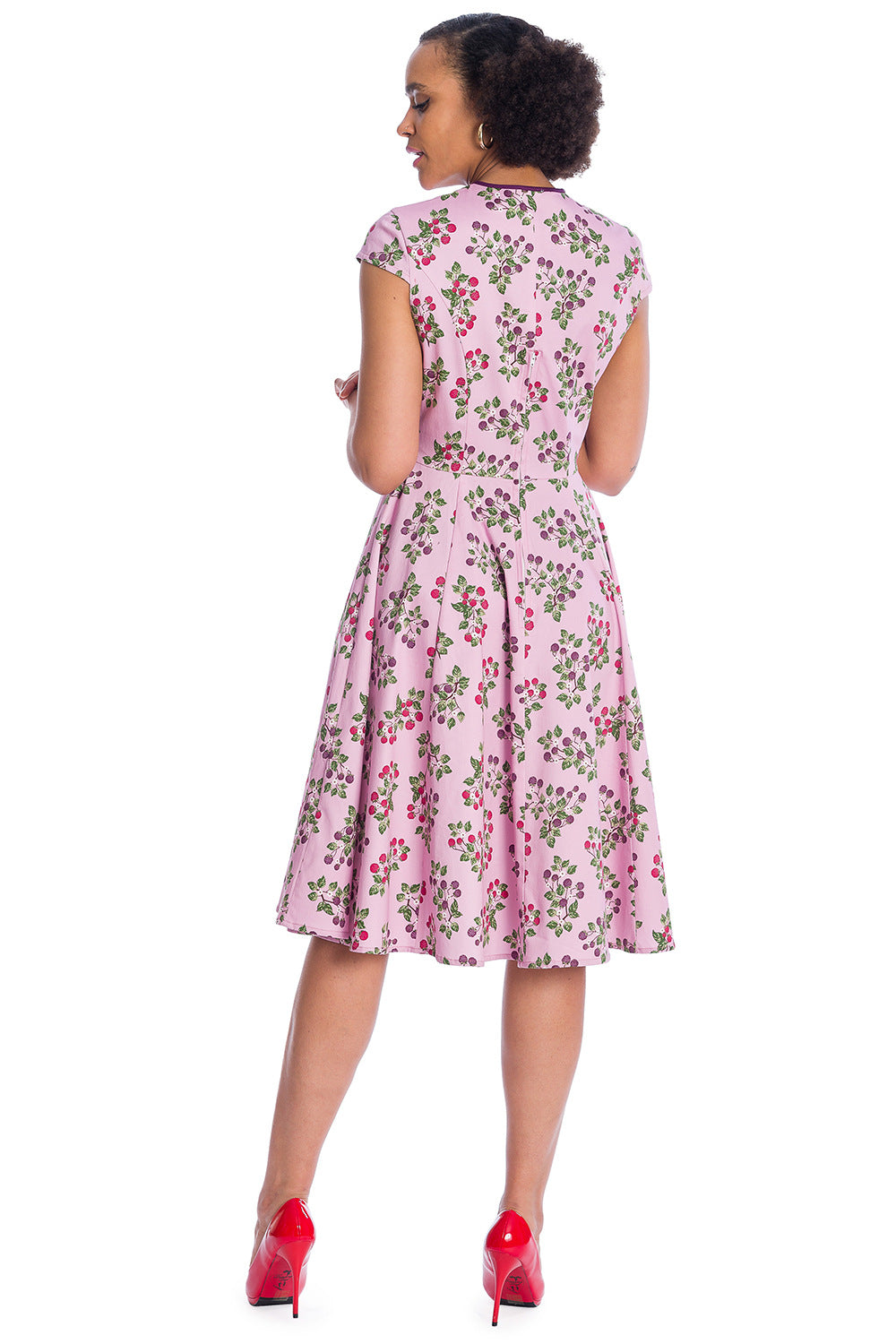 Pink Berry Floral 1950s Swing Dress with Keyhole Neckline