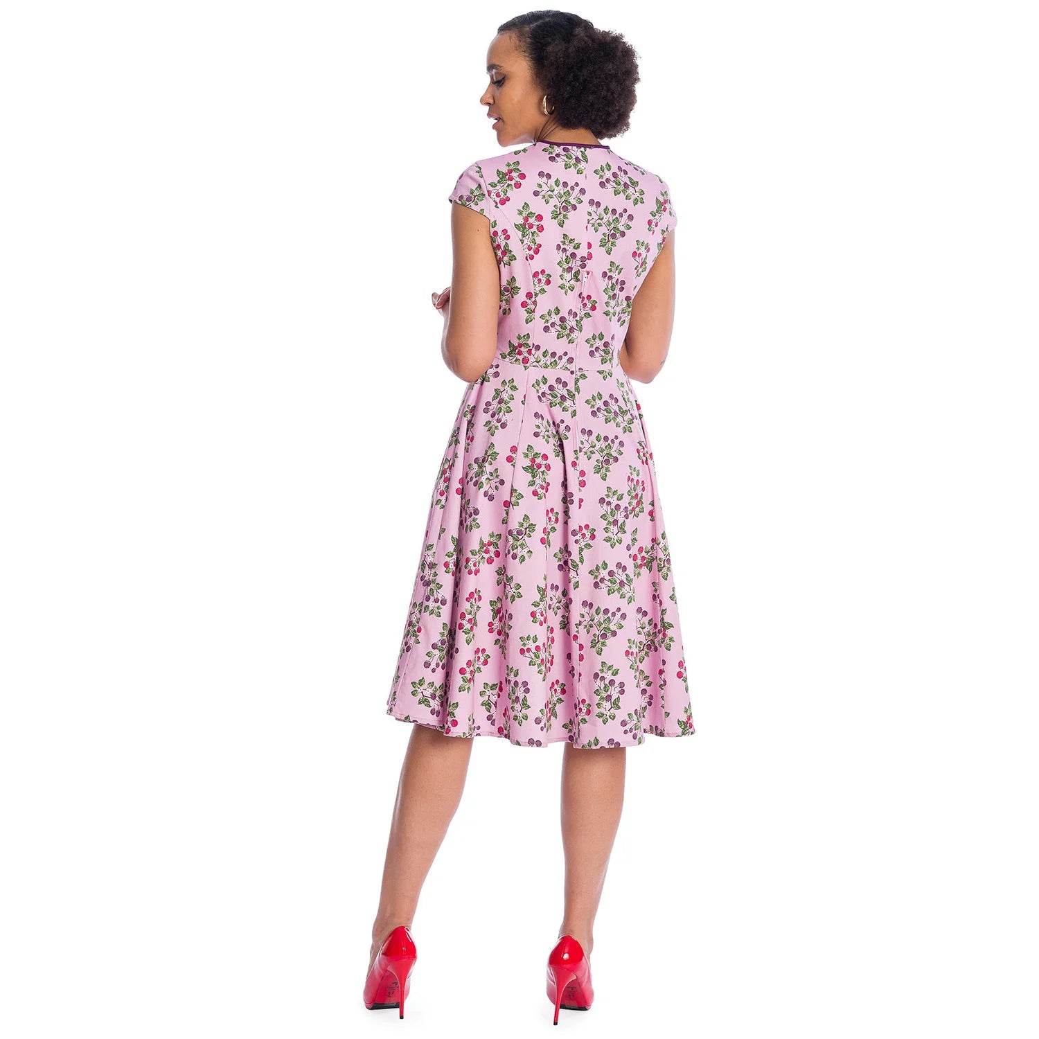 Pink Berry Floral 1950s Swing Dress with Keyhole Neckline