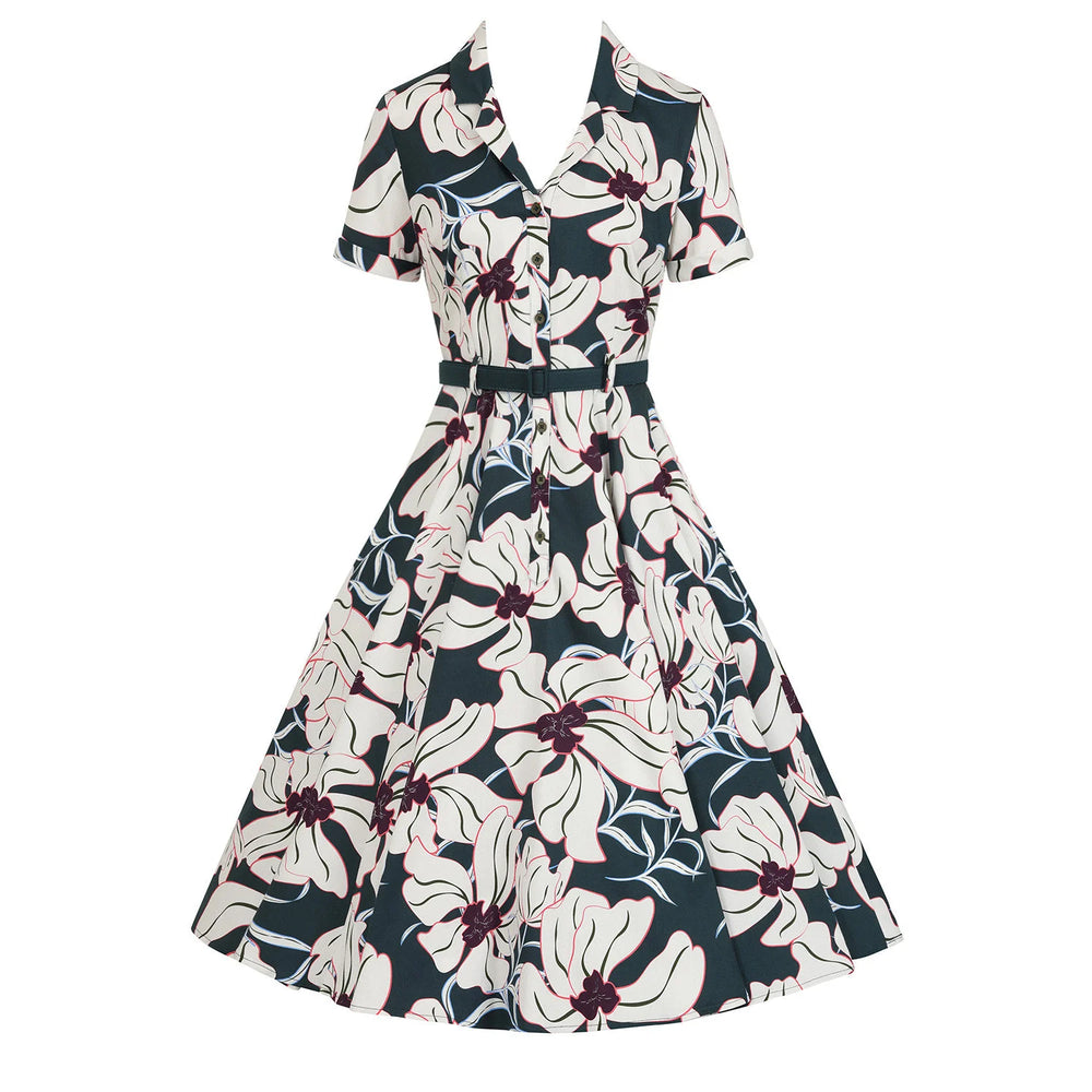 Deep Green And White Floral Print 50s Swing Tea Dress