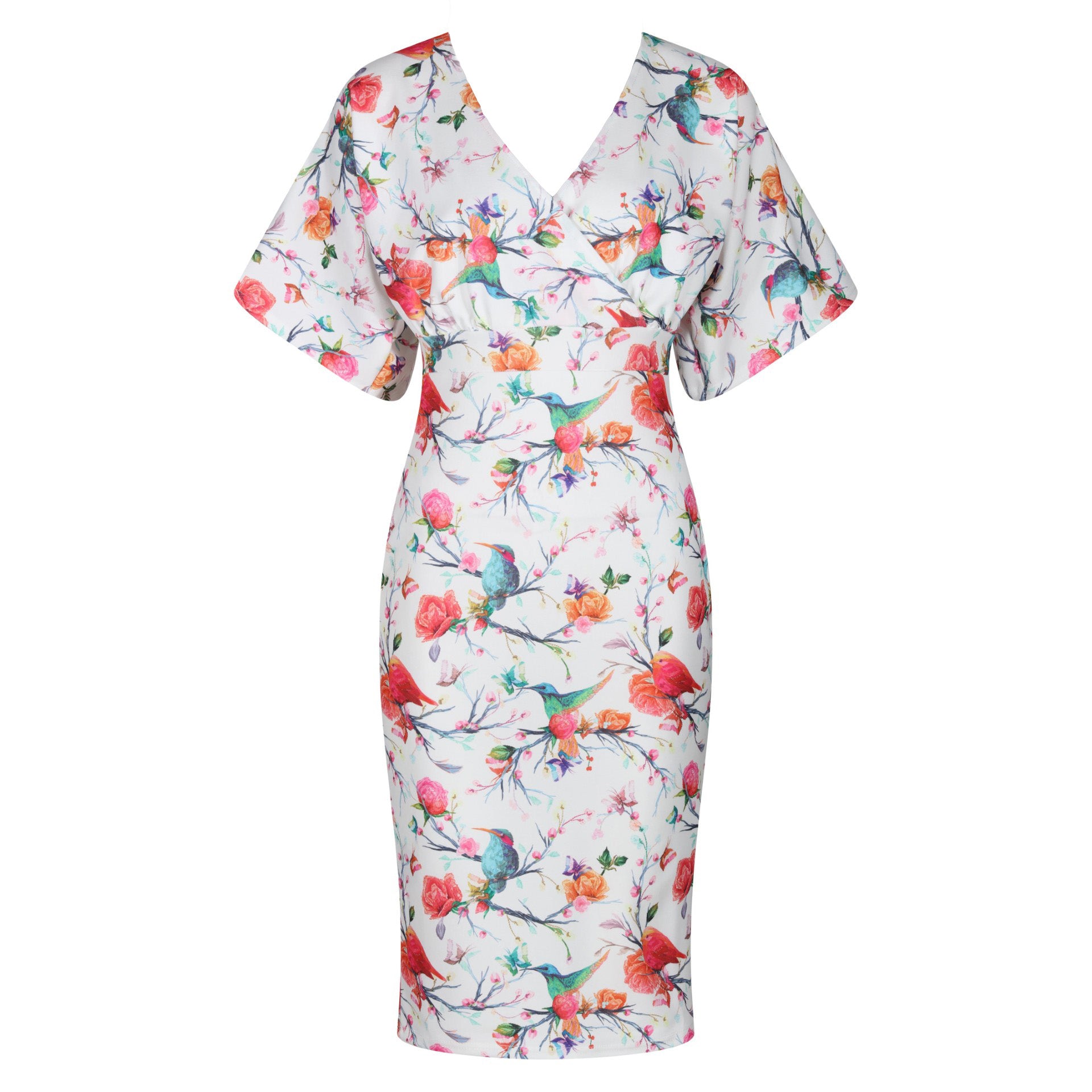 White Hummingbird & Butterfly Print 40s Style Pencil Dress With Batwing Sleeves & Crossover Top