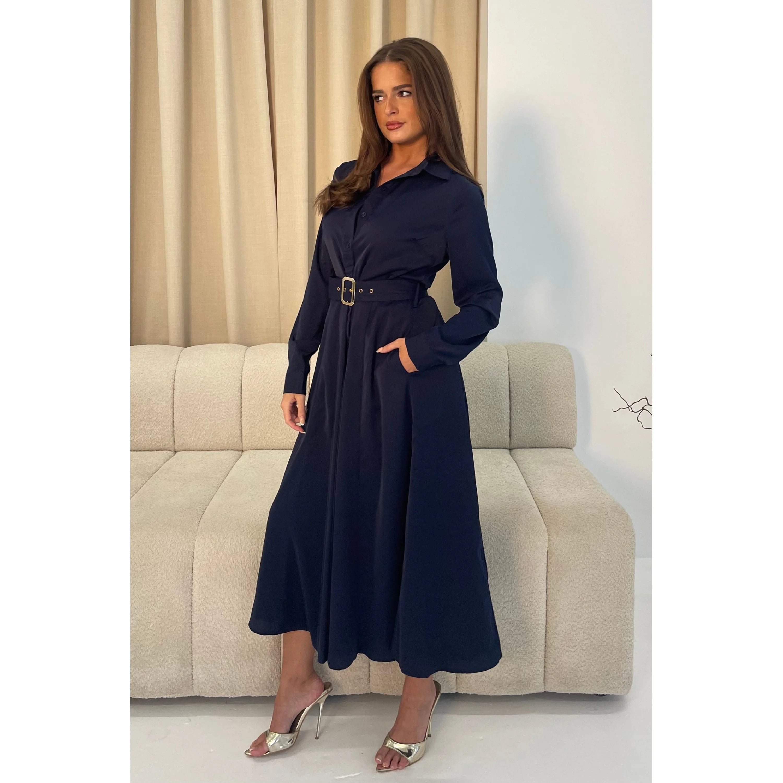 Navy Blue Detail Long Sleeve Maxi Shirt Dress