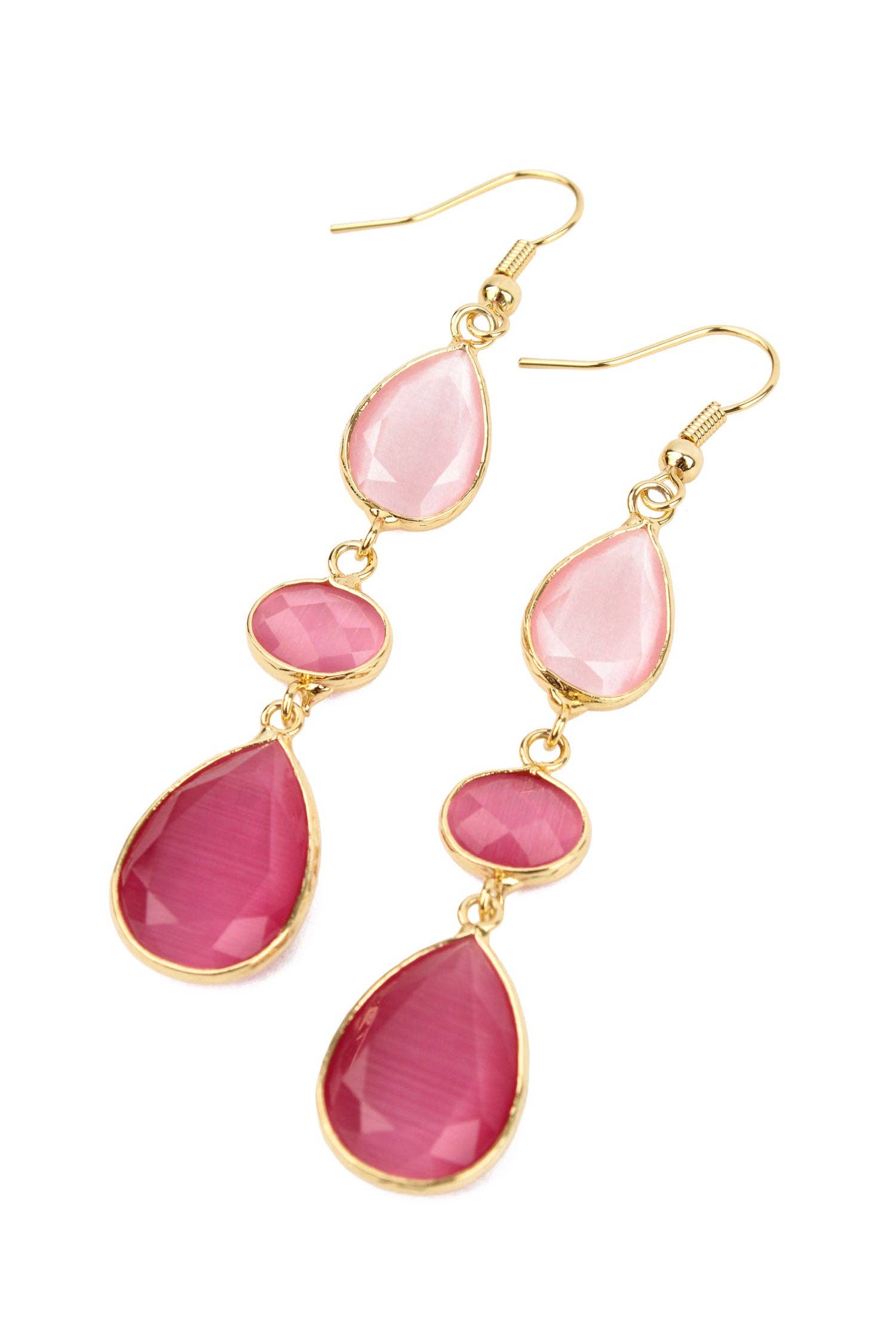 Pink Triple Gemstone Drop Gold Earrings