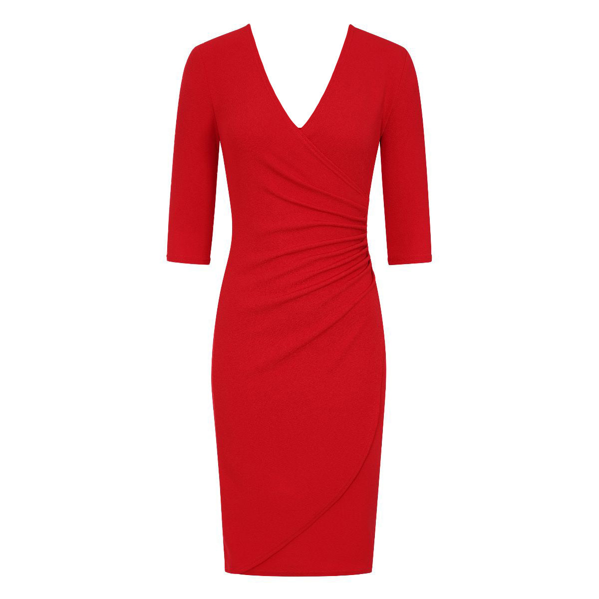 Red 3/4 sleeve deep V neck ruched detail wrap effect dress