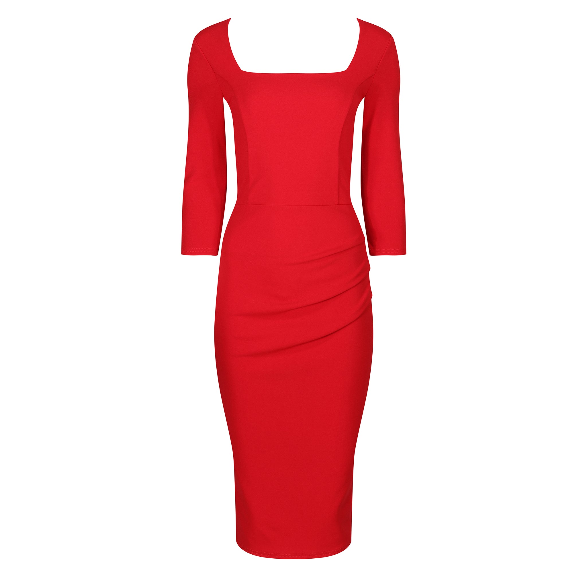 Red 3/4 Sleeve Square Neckline Wiggle Pencil Dress