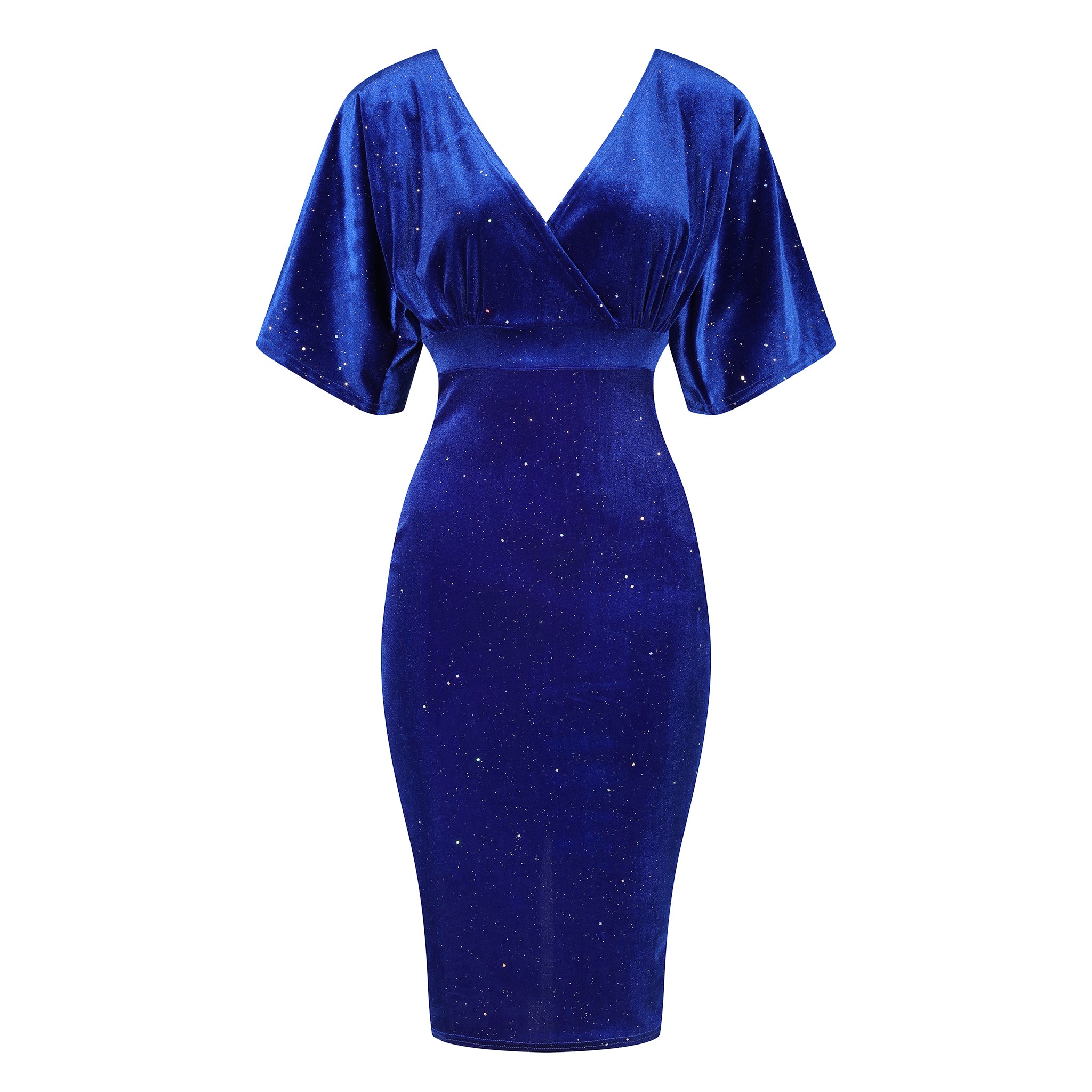 Royal Blue Velour Glitter Sparkle Half Batwing Sleeve Crossover Top Wiggle Dress