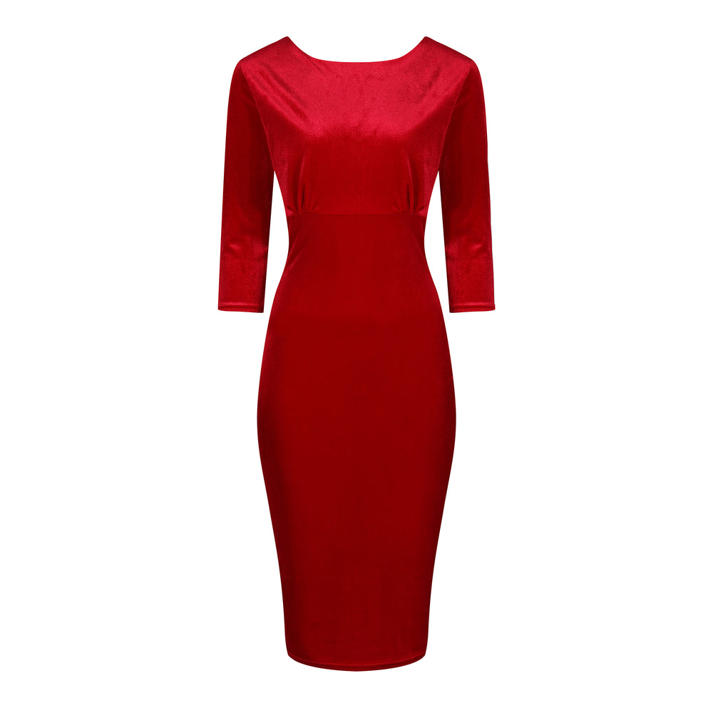Red Velour Boatneck 3/4 Sleeve Bodycon Gathered Waist Wiggle Dress