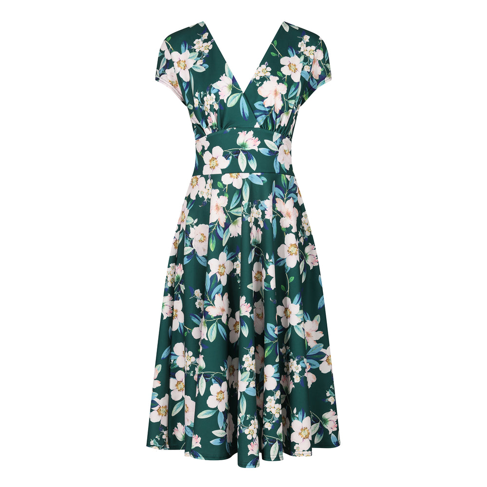 Forest Green Floral Vintage A Line Crossover Capped Sleeve Tea Swing Dress