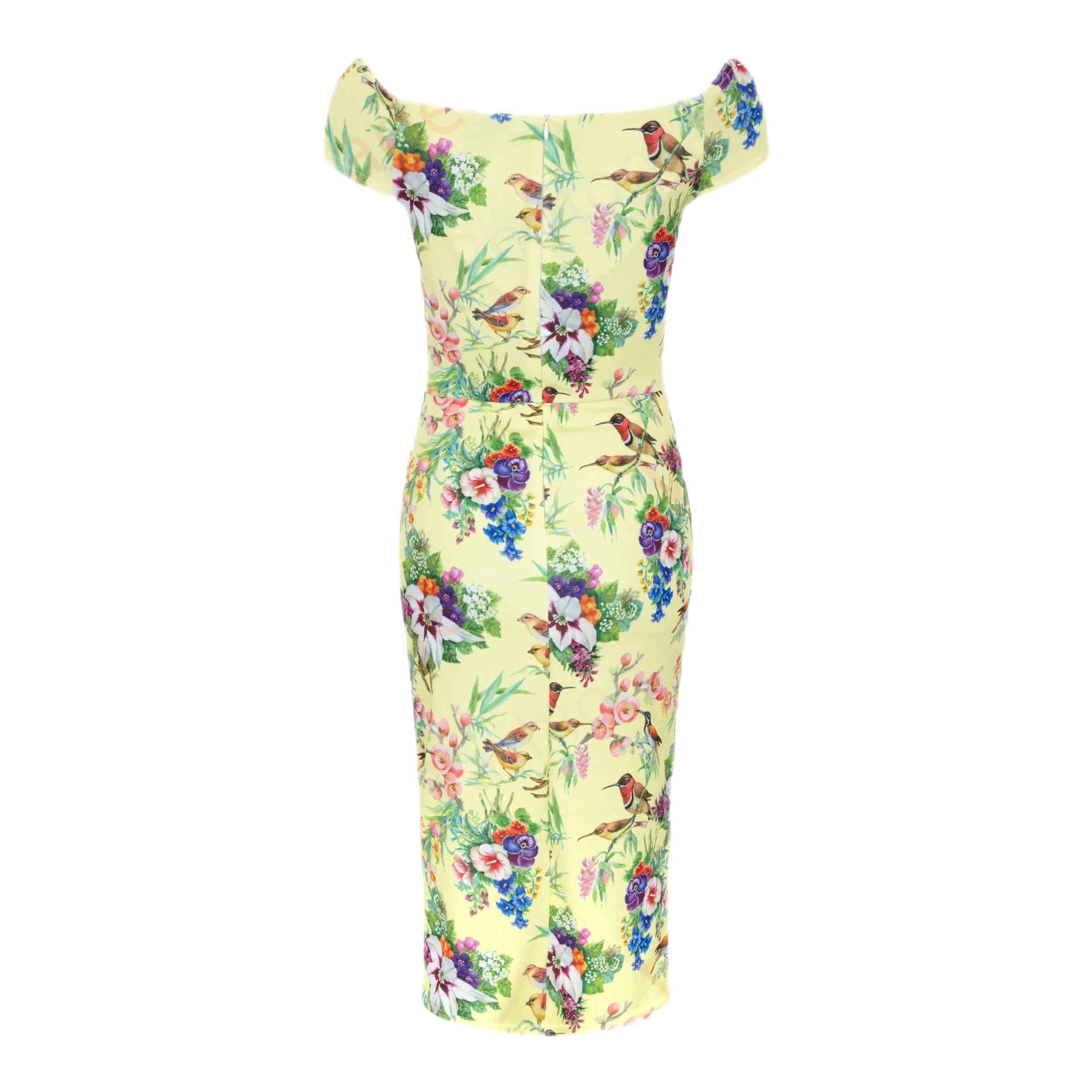 Pale Yellow Bird & Floral Print Bardot Wiggle Dress With Cap Sleeves & Crossover Top