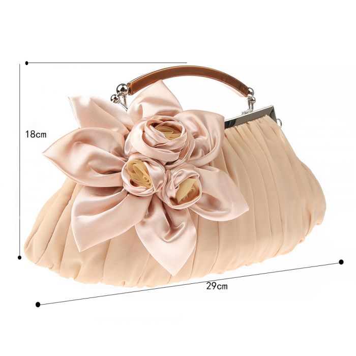 Silver Rose Satin Clutch Handbag