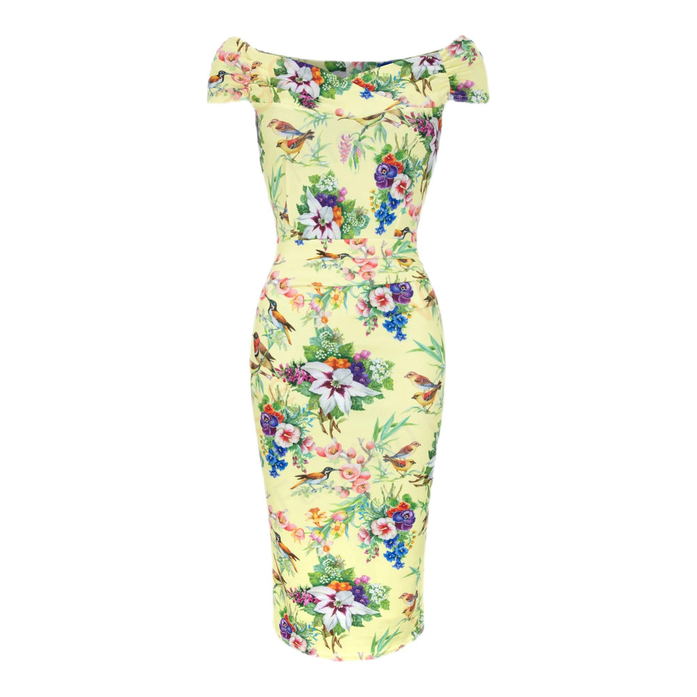 Pale Yellow Bird & Floral Print Bardot Wiggle Dress With Cap Sleeves & Crossover Top