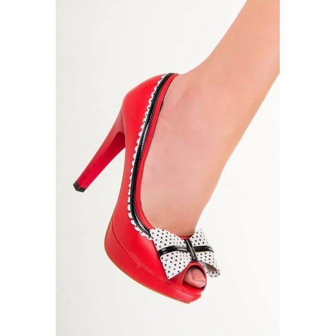 Red Patent Peep Toe Platform Heels With Star Print Bow Detail