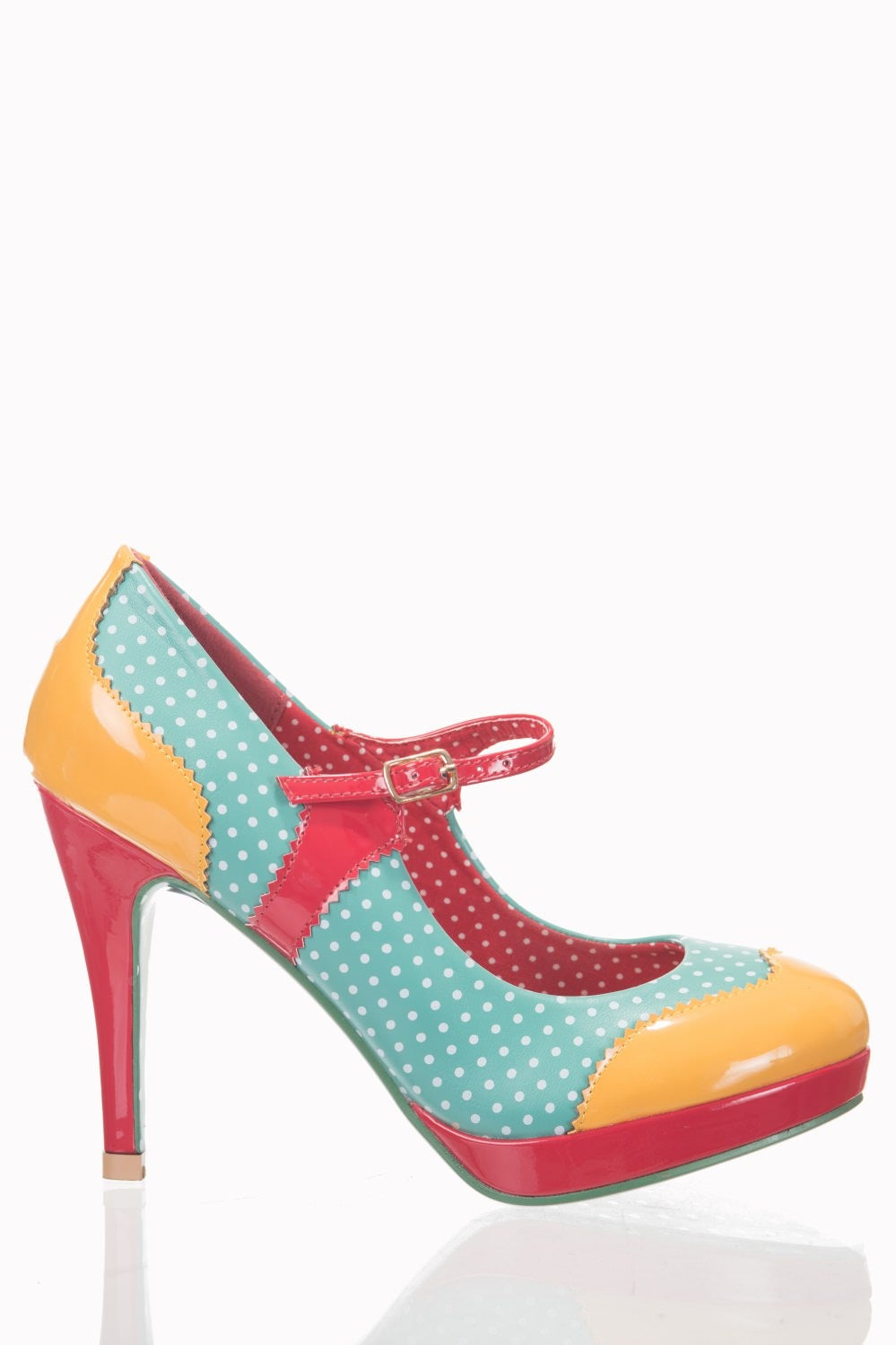 Aqua Blue, Red And Yellow Polka Dot Platform Party High Heels