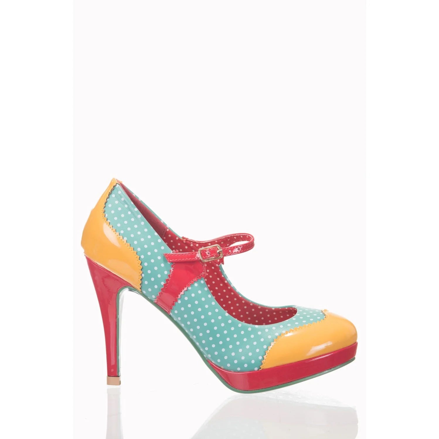 Aqua Blue, Red And Yellow Polka Dot Platform Party High Heels
