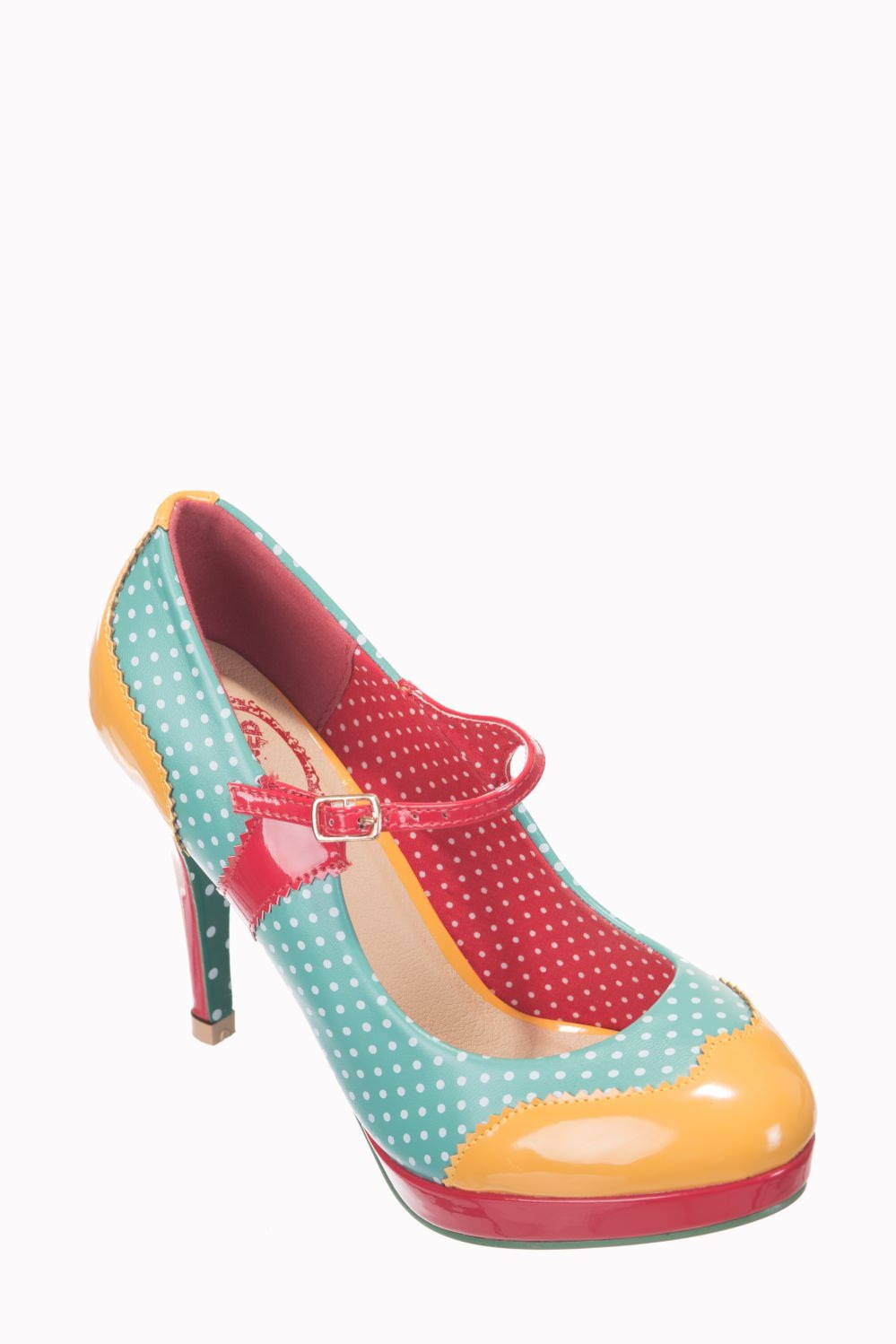 Aqua Blue, Red And Yellow Polka Dot Platform Party High Heels
