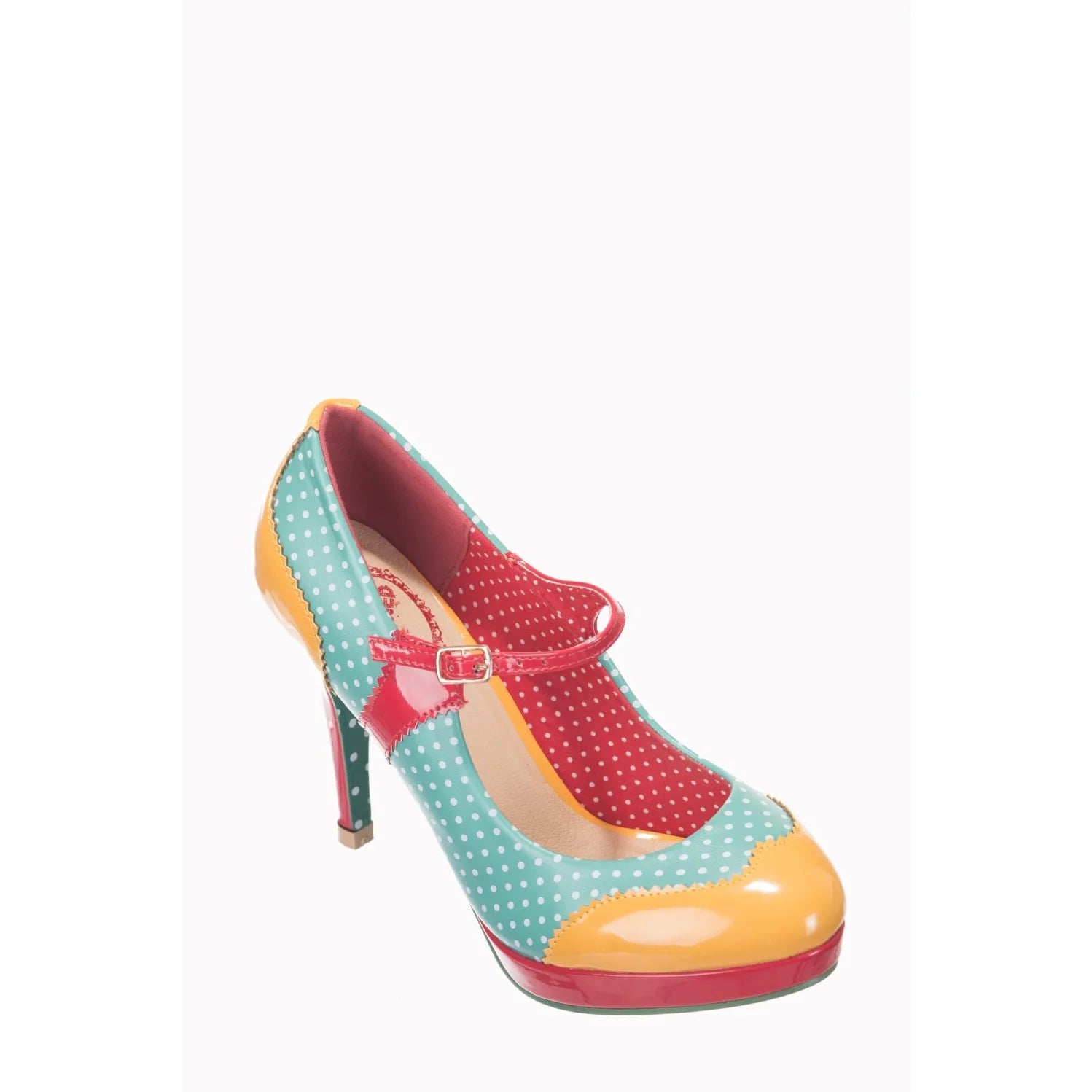 Aqua Blue, Red And Yellow Polka Dot Platform Party High Heels