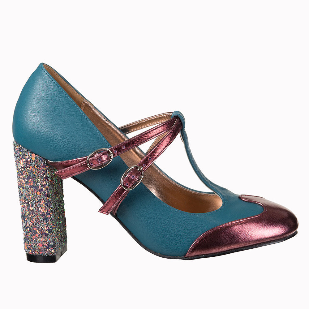 Teal And Metallic Bordeaux Vintage Twin Strap High Heel Shoes