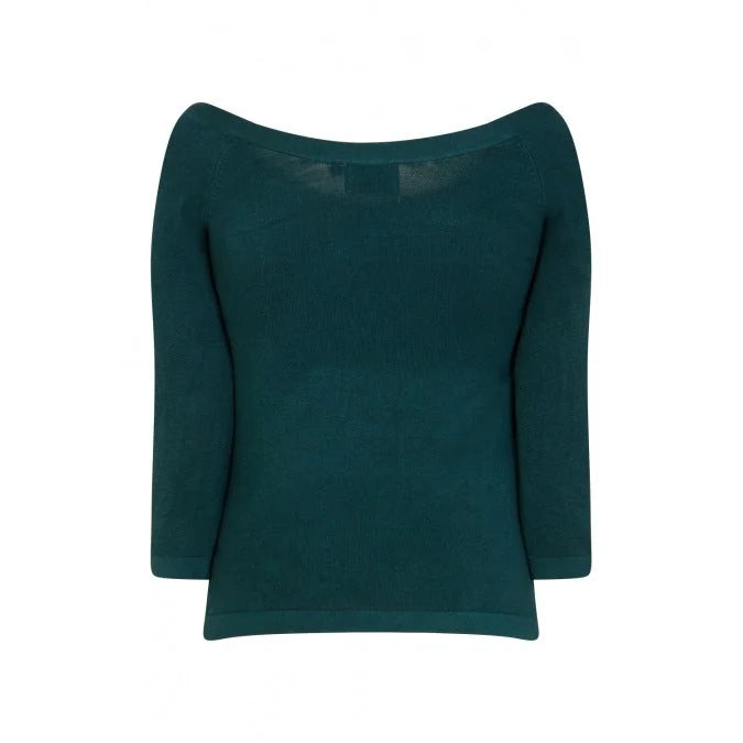 3/4 Sleeve Bottle Green Stretch Bardot Bow Top Jumper