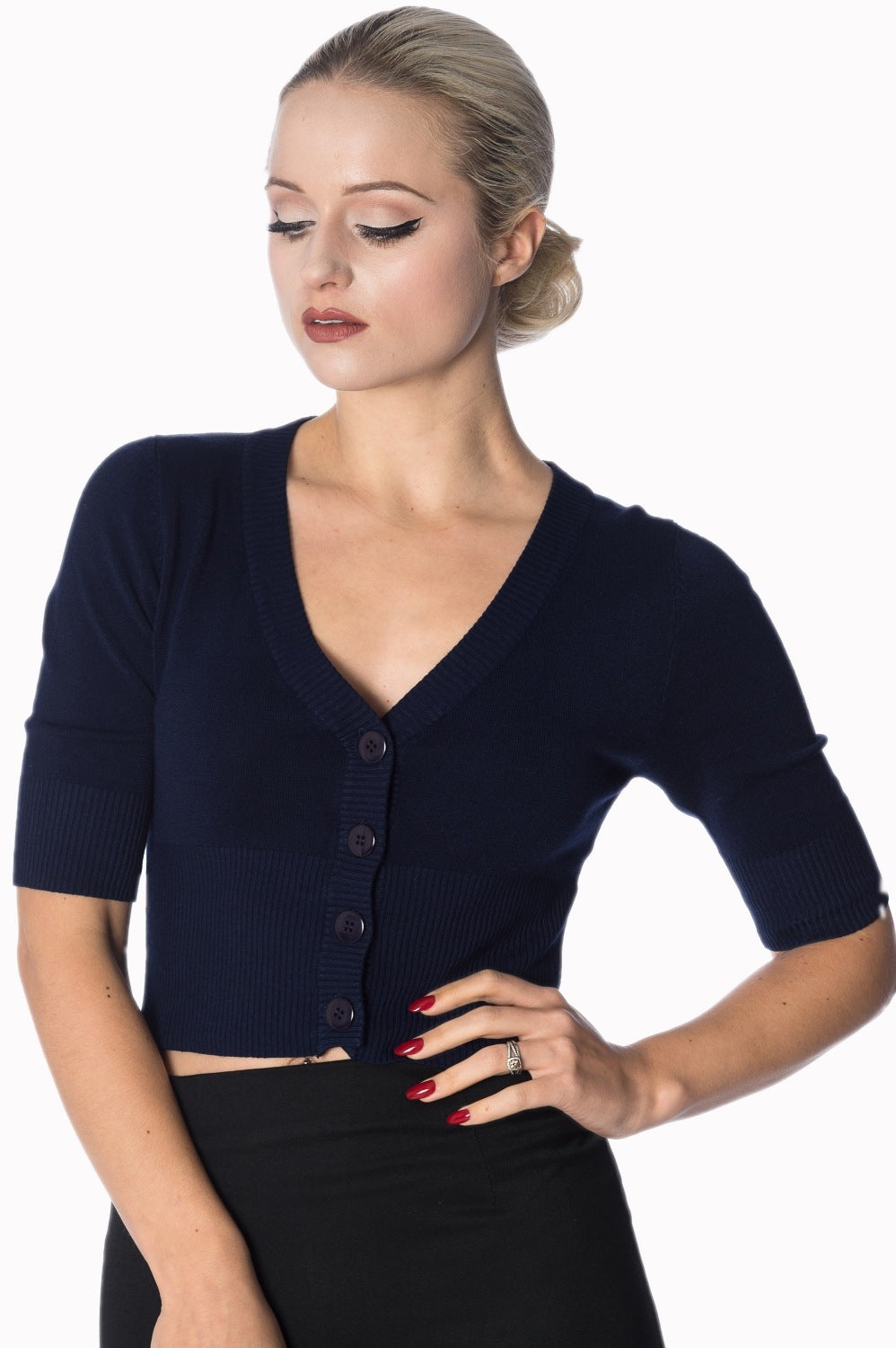 Vintage Half Sleeve Dark Navy Blue Crop Cardigan
