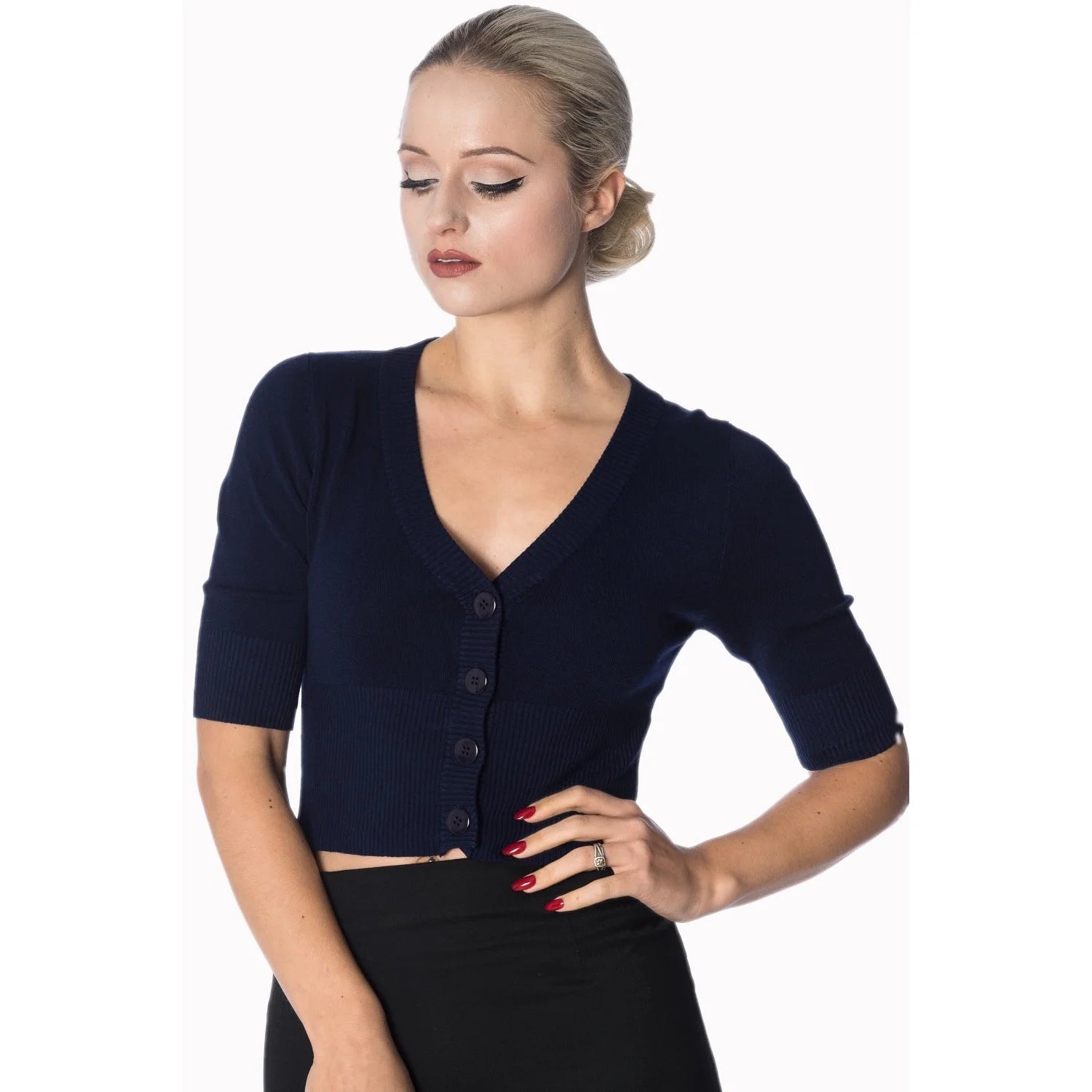 Vintage Half Sleeve Dark Navy Blue Crop Cardigan
