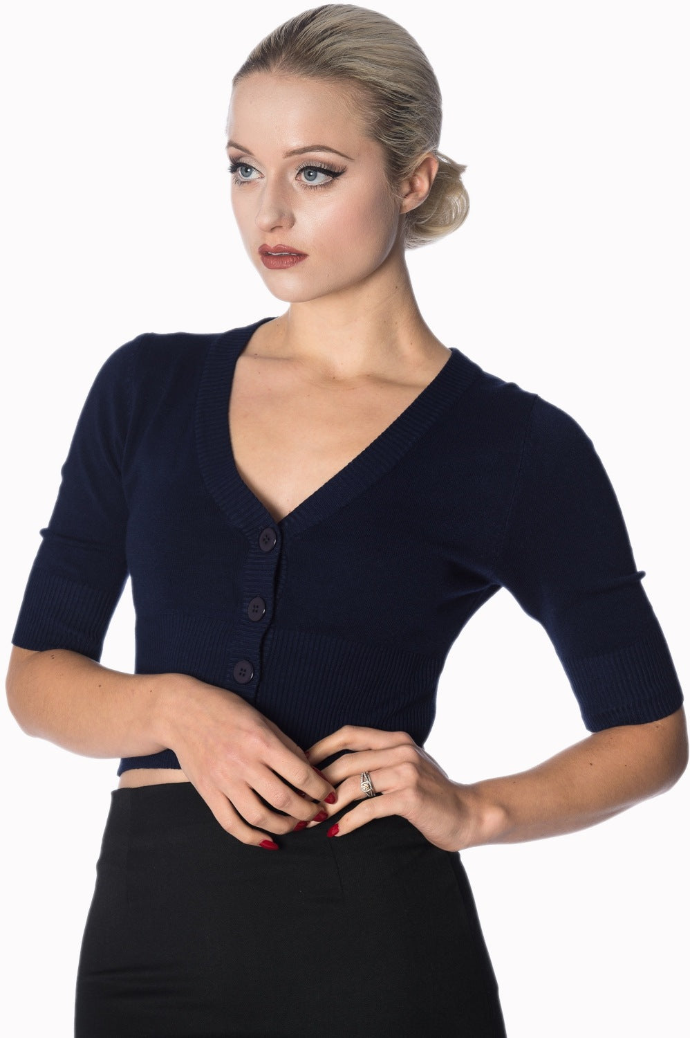 Vintage Half Sleeve Dark Navy Blue Crop Cardigan