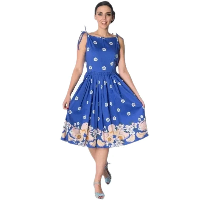 Electric Blue Floral Fruit Inspired Summer Swing Dress